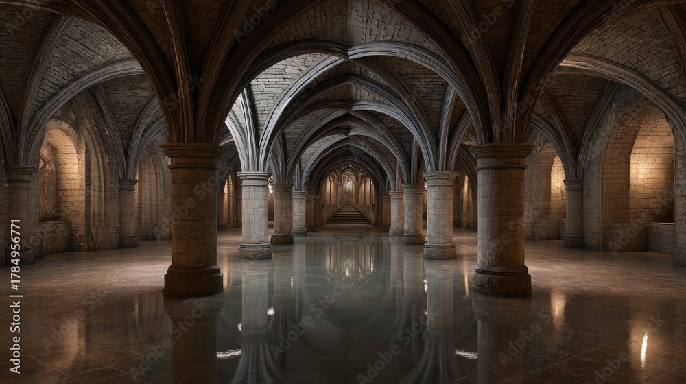 Naklejka premium Majestic gothic underground crypt with arched ceilings and stone columns architectural marvel for historical and design inspiration