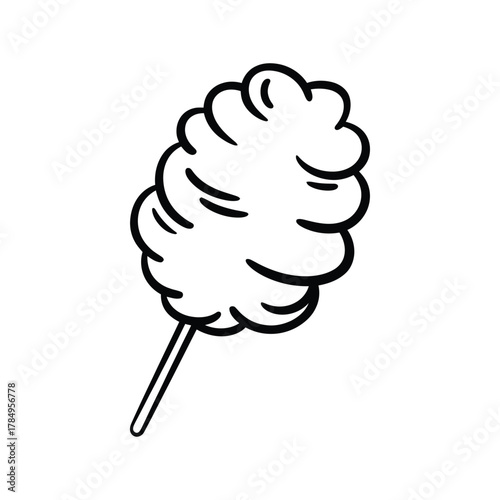 Simple black and white line drawing illustration of fluffy cotton candy on a stick