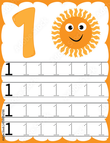 A cheerful and colorful Number 1 tracing worksheet designed for early learners, including preschool and kindergarten students