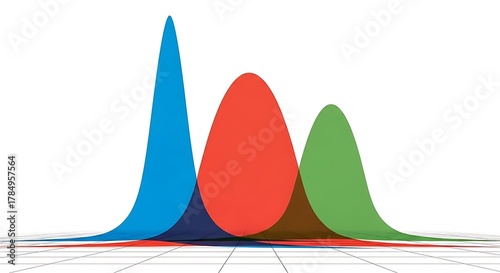 Three overlapping bell curves blue red green on grid graph chart