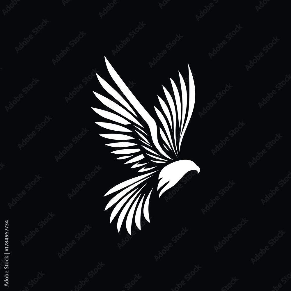 Fototapeta premium White Eagle Flying With Spread Wings On Black Background Logo Design