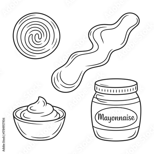 Hand drawn illustration of mayonnaise in a jar bowl swirl and splat