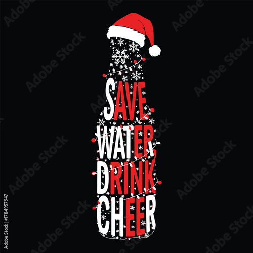 Save water drink cheer beer bottle typography design with snowflakes, Christmas lights, and Santa hat in minimalist vector style