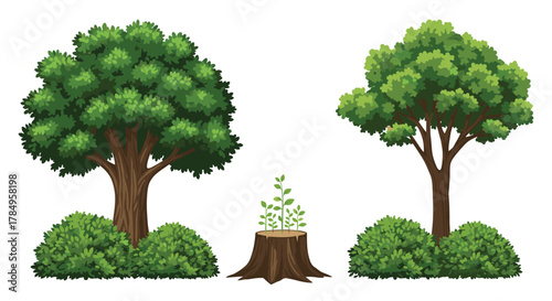 The enduring cycle of nature depicted with lush trees and new growth emerging from a tree stump.