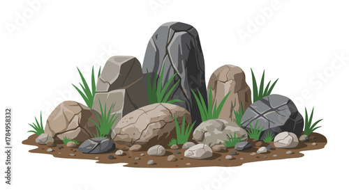 A cluster of various sized rocks and pebbles with small green plants growing between them.