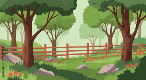 A serene forest path bordered by trees and a rustic wooden fence.