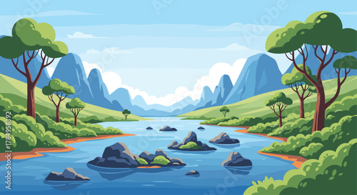 A serene pixel art landscape with a winding river flowing through lush green hills and distant mountains.