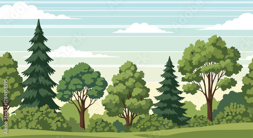 Pixel art landscape featuring a variety of deciduous and coniferous trees in a park setting.