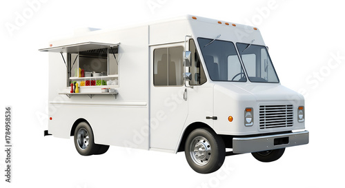 Clean white food truck with serving window open on a black background