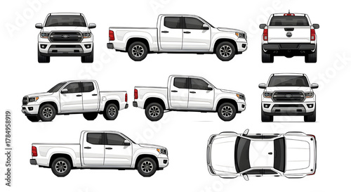 Collection of white pickup trucks shown from multiple angles on black background