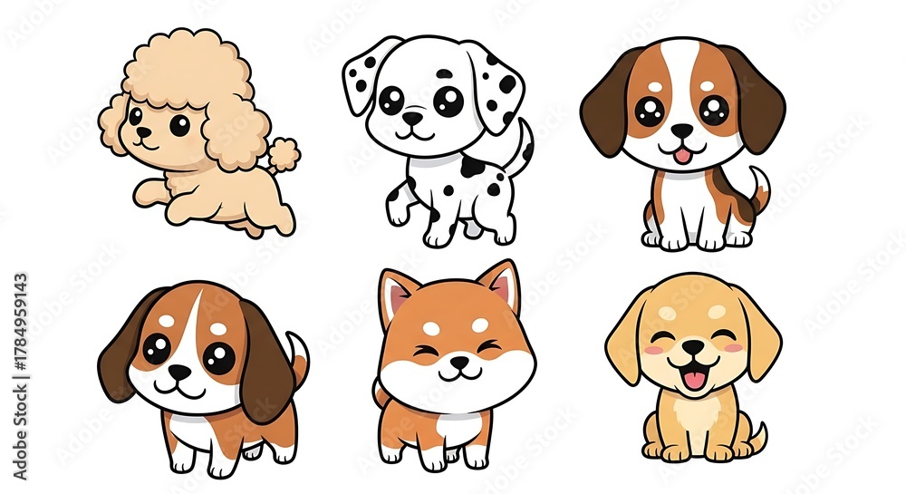 Obraz premium Collection of six adorable cartoon puppies of different breeds including poodle, dalmatian, beagle, shiba inu, and labrador, isolated on white background