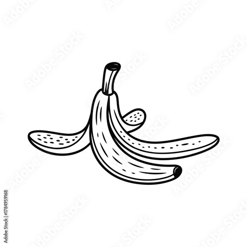 Hand drawn illustration of a discarded banana peel on a white background