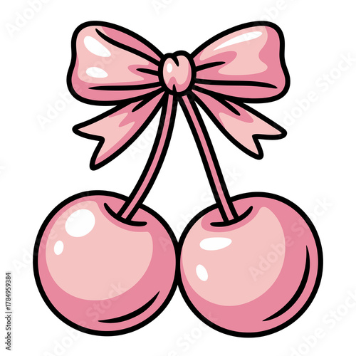 Cute pink cherries with a bow isolated on transparent background, perfect for sweet, girly, and kawaii themed designs and decorations