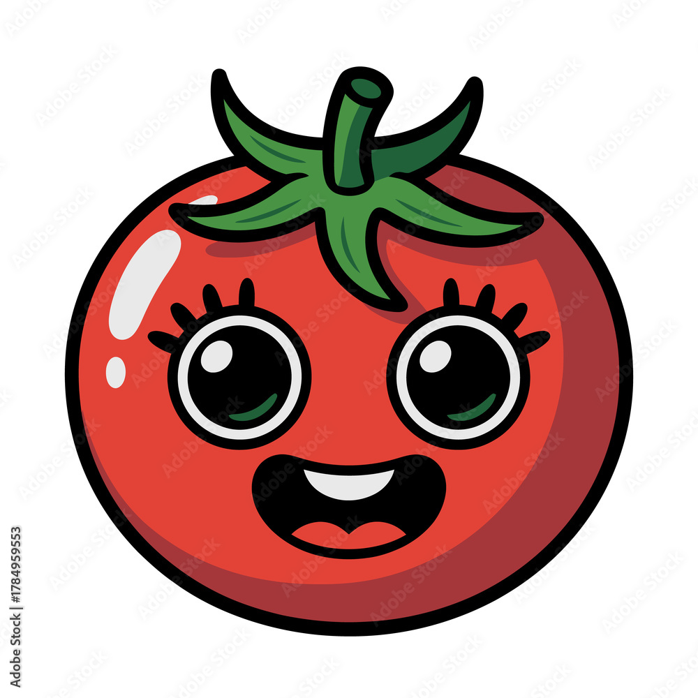 Fototapeta premium Charming cartoon tomato with a cheerful expression isolated on transparent background, perfect for adding a touch of freshness and fun to any project