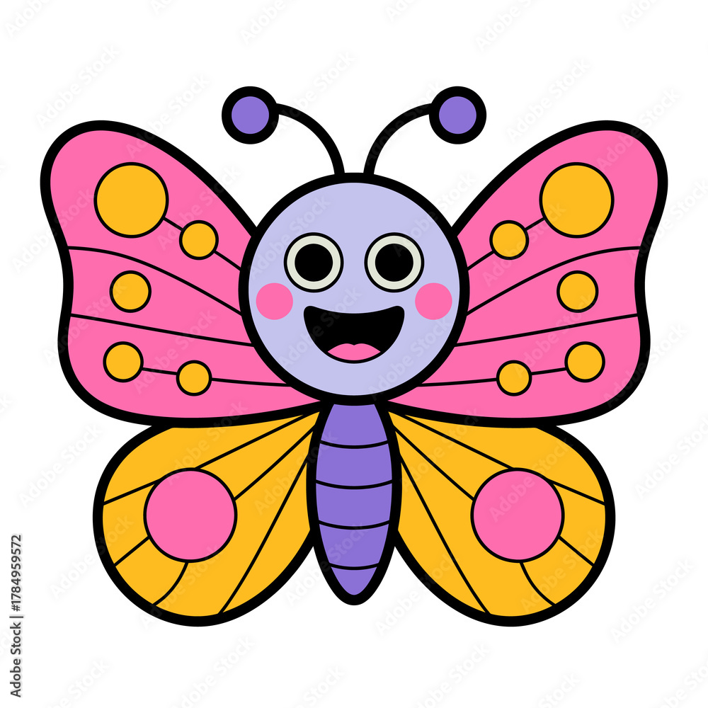 Obraz premium Cute cartoon butterfly isolated on transparent background cheerful insect with colorful wings and a happy face, perfect for childrens illustrations and educational materials
