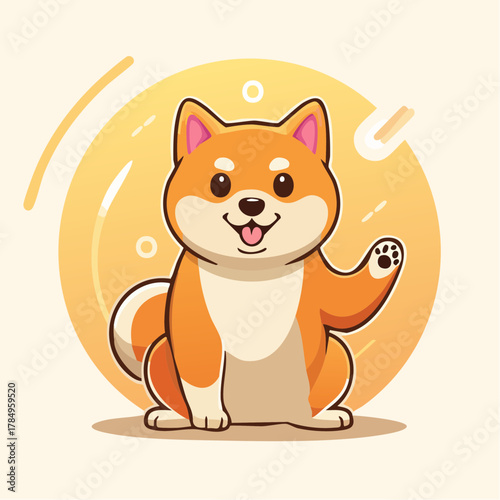 Cute cartoon shiba inu dog sitting and waving in warm colorful circular background illustration