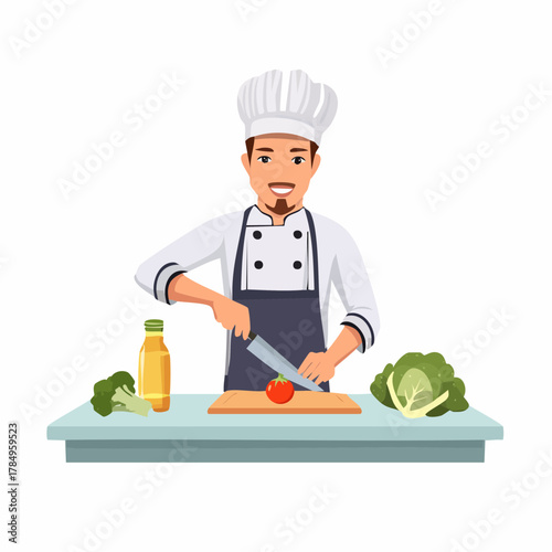 Cartoon chef chopping tomato on cutting board beside oil bottle and fresh vegetables