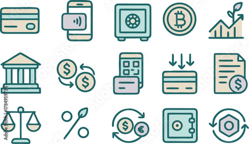 Modern finance icons illustrating banking, investment, and security, perfect for financial services or tech startups looking for fresh visuals