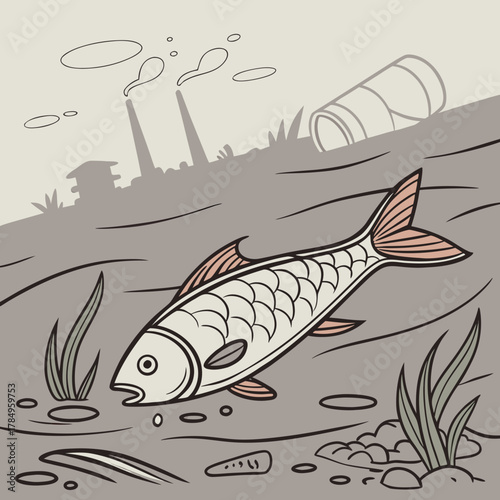 Dead fish in polluted water. water pollution - vector illustration