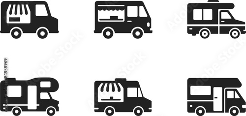 Food truck icon set, mobile kitchen symbol, street food van silhouette, camper van vector, fast food vehicle illustration design