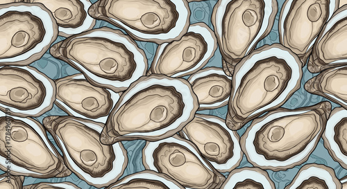 A seamless pattern of freshly shucked oysters on a blue, watery background, rendered in a detailed illustration style.