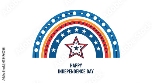 Stylized patriotic rainbow with stars and text for Independence Day celebration.