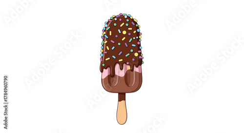A chocolate-covered ice cream bar with pink ice cream and colorful sprinkles on a wooden stick.