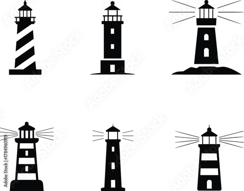 Lighthouse silhouette set, beacon tower illustration, coastal navigation icon, sea safety light design, maritime symbol collection, black vector lighthouse art