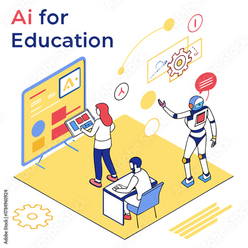 Artificial intelligence in education concept with robot and students