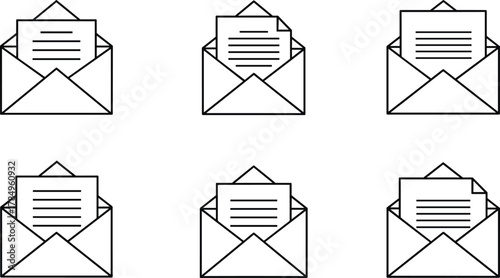 Open envelope icon set, paper letter illustration, email message outline, postal communication vector, minimal mail design, correspondence symbol collection