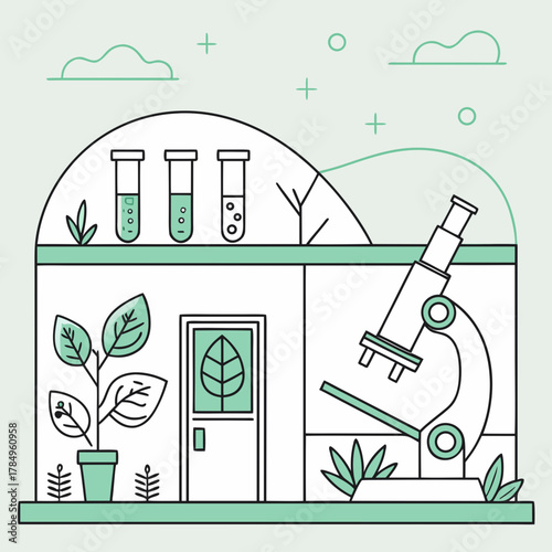 Greenhouse laboratory with plants and microscope for scientific research