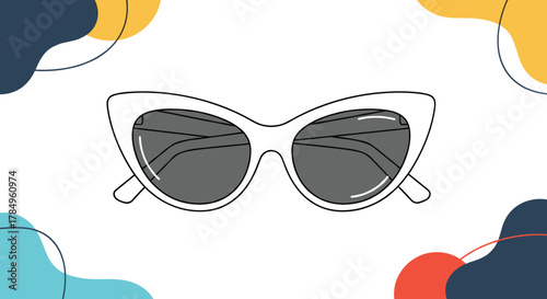 Stylized white cat-eye sunglasses with dark lenses on a white background with abstract colorful shapes.