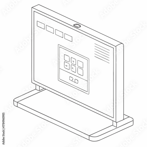 Isometric line drawing of a modern touchscreen display with interface elements