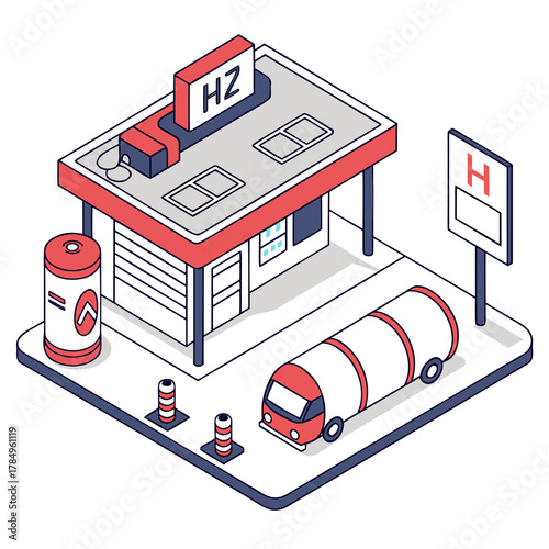 Isometric illustration of a hydrogen fuel station with a truck and storage tank