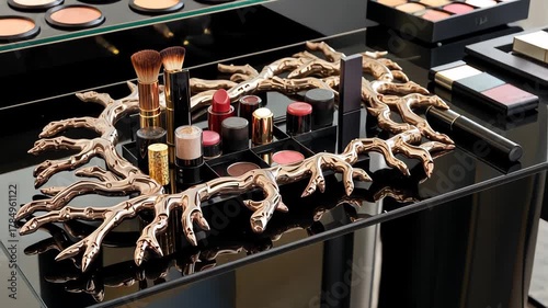 Elegantly Arranged Cosmetics Display with Unique Artistic Frame Surrounding Lipsticks and Brushes on Reflective Surface