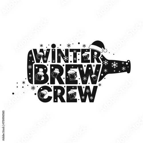 Winter brew crew bottle typography design with beer mugs, snowflakes, and Santa hat in simple modern vector style
