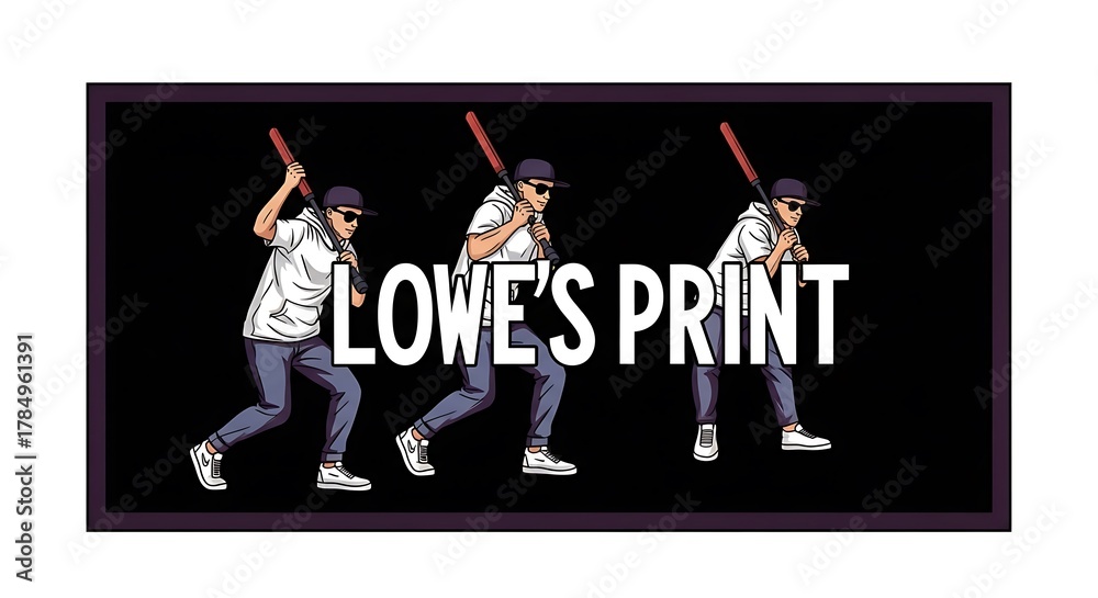 Obraz premium Baseball player in motion, swinging a bat, with the text lowes print superimposed on the image, depicting a sequence of actions in a stylized illustration