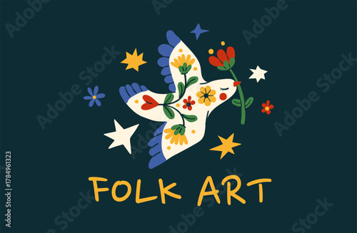 Scandinavian folk art with floral hearts and love bird stars pattern.