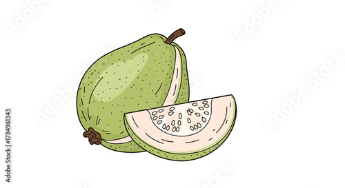 Illustration of a whole light green guava fruit next to a sliced piece on a white background.