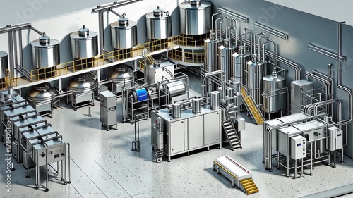 Advanced Automated Industrial Brewery Equipment Setup with Tanks and Pipes in a Modern Facility Context