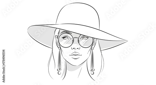 Elegant line art illustration of a woman in a floppy hat and round glasses style