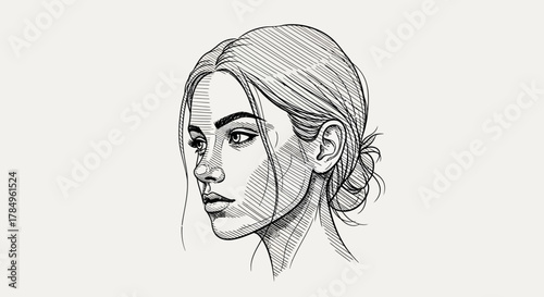 Striking monochrome drawing capturing a serene woman's gaze with intricate crosshatching details