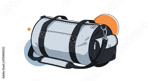 Illustration of a gray duffel bag with black straps and accents, on a white background with colorful circles.