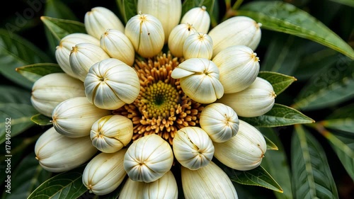 Close-up of a Unique White Flower with Symmetrical Petals Surrounded by Lush Green Leaves Showcasing Intricate Natural Patterns and Structures
