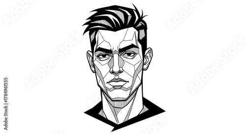 Geometric elegance portrait, abstract monochrome face with angular lines and artistic expression