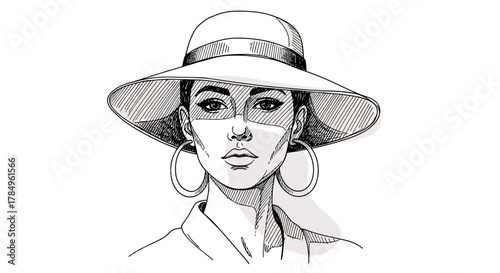 Elegant Woman Portrait Illustration with Chic Hat and Hoop Earrings Fashion Artwork