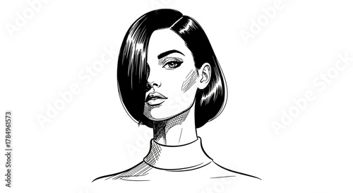 Elegant monochrome portrait of a woman with stylish bob haircut and confident gaze