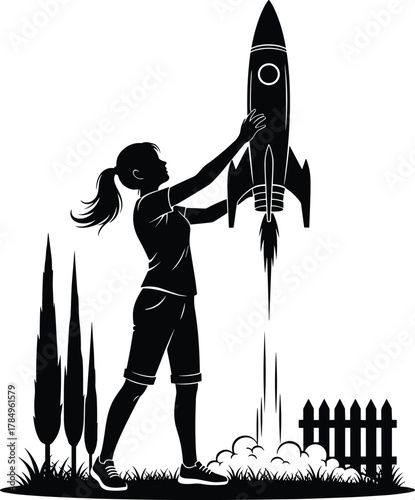 Flat vector silhouette of person launching rocket, backyard science scene, flames and smoke, childhood dream, outdoor exploration, creative moment