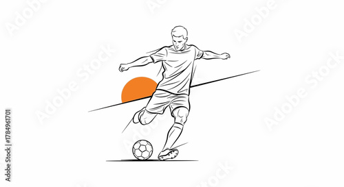 Dynamic illustration of a soccer player kicking a ball with graphic sunset element