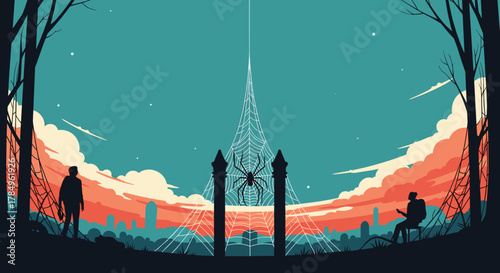 A surreal landscape features a giant spiderweb and spider silhouetted against a vibrant sunset sky.